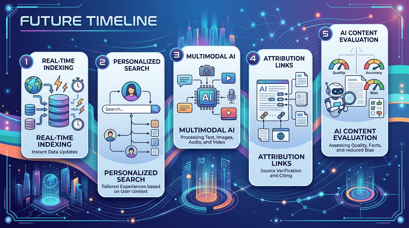 Future timeline showing five trends real time indexing personalized search multimodal AI attribution links and AI content evaluation
