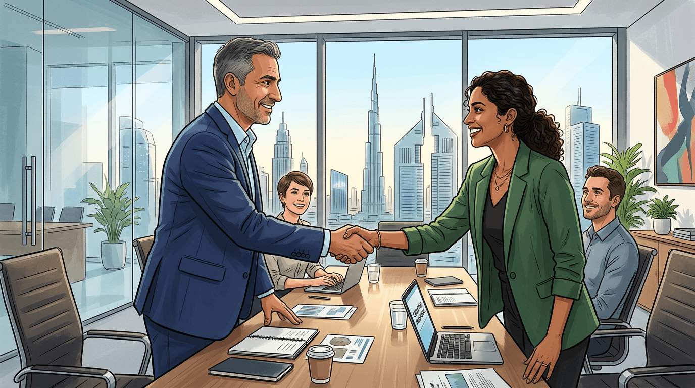 Business owner shaking hands with creative agency team member during agency proposal review in Dubai office