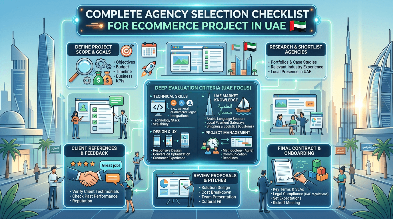 E-commerce agency evaluation checklist with scorecard and performance metrics