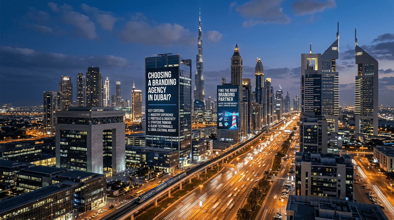 Dubai skyline with financial district and branding agency billboards representing how to choose a branding agency in Dubai
