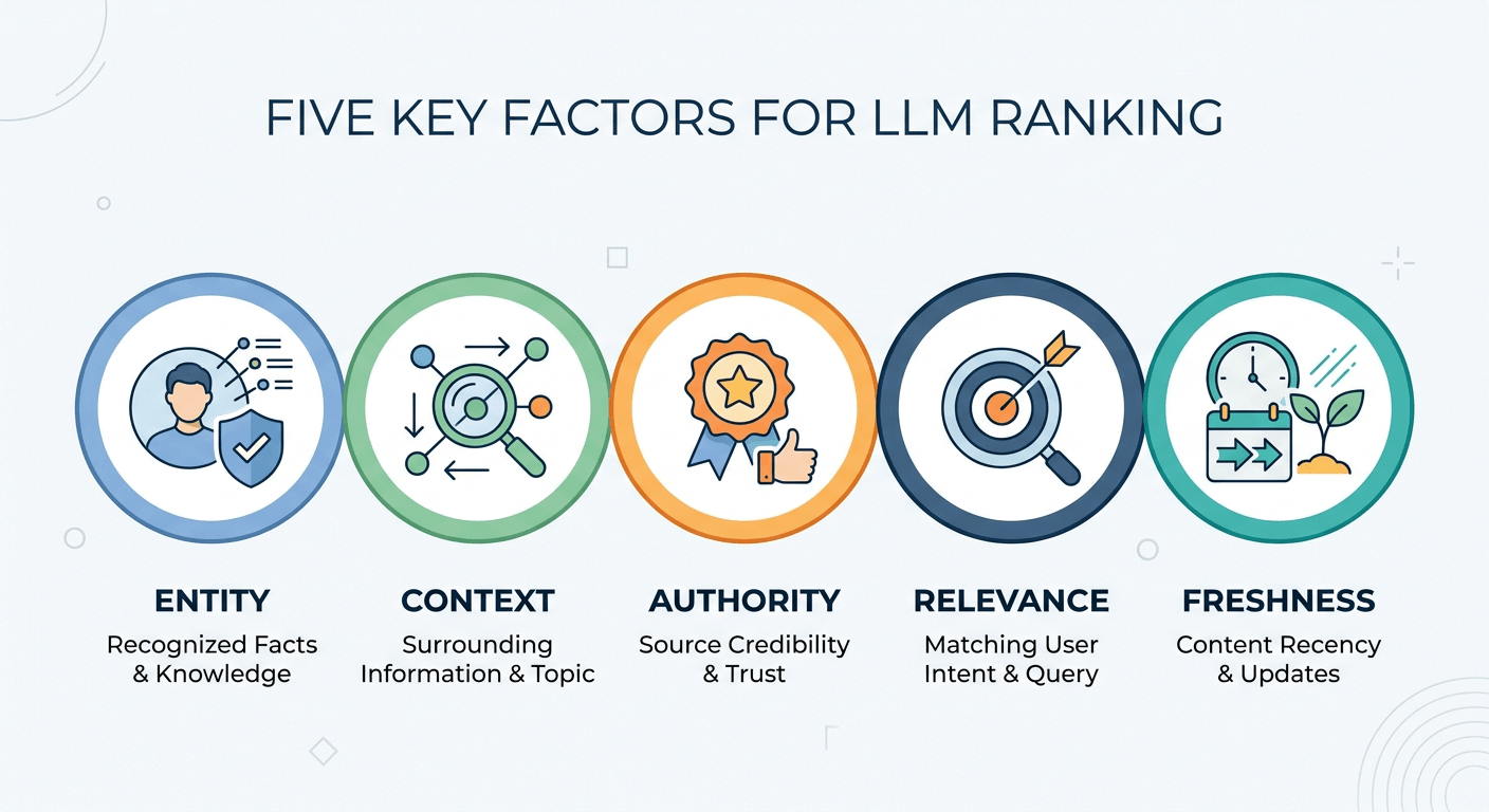 Five circular icons representing entities context authority relevance and freshness for LLM ranking