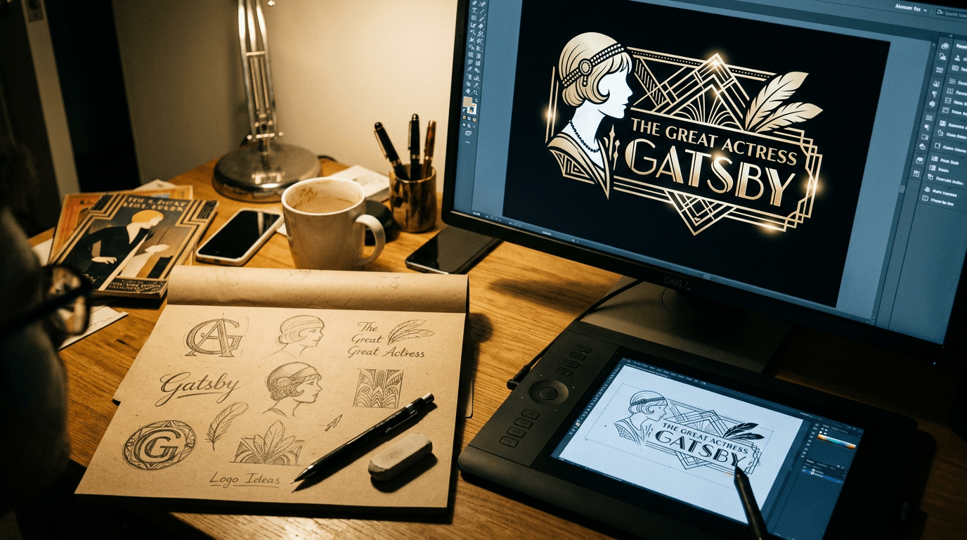 Graphic designer sketching logo concepts on paper with digital tablet showing before and after brand transformation