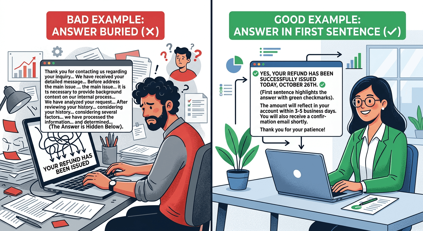 Split screen showing bad example with answer buried and good example with answer in first sentence