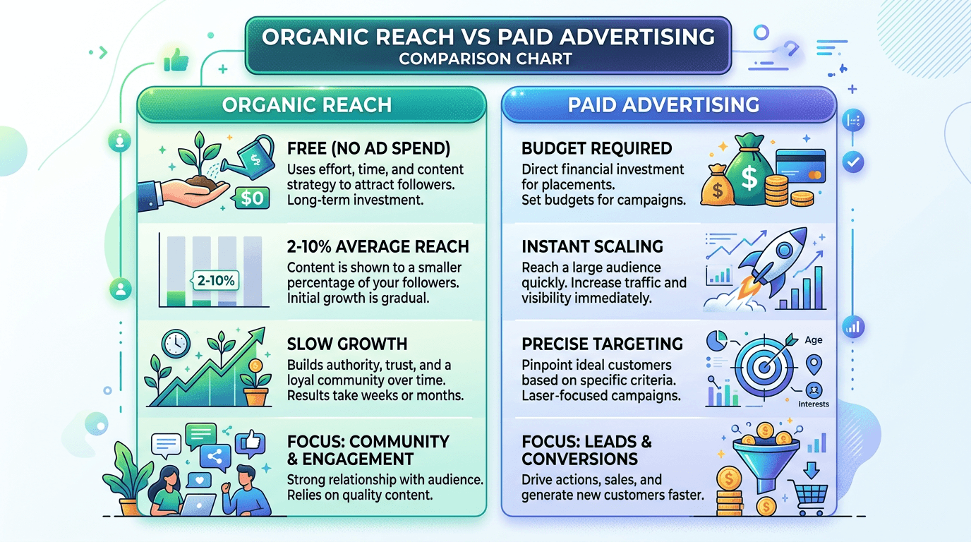 Comparison table of organic reach vs paid advertising on social platforms