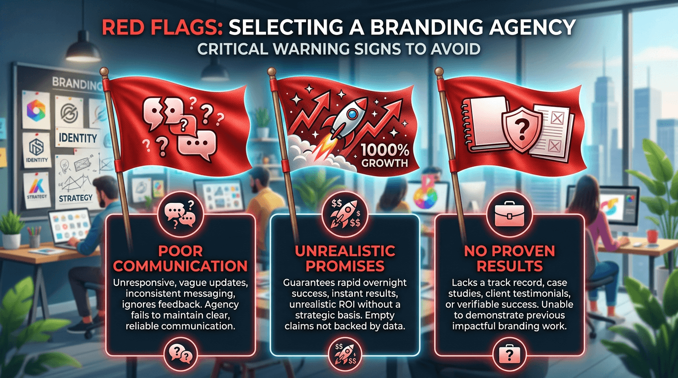 Red flag icons with text warnings including poor communication unrealistic promises and no proven results in branding agency selection