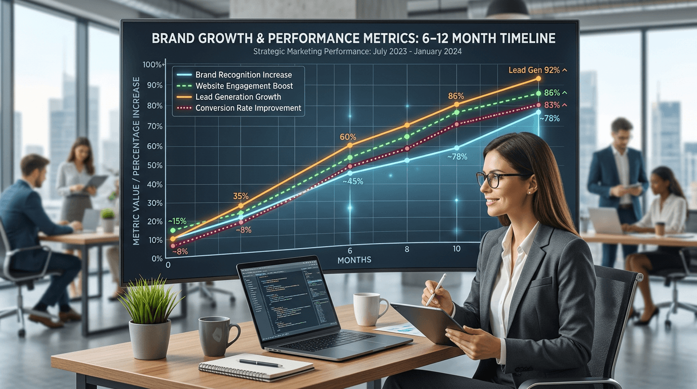 Line graph showing brand recognition increase website engagement boost lead generation growth and conversion rate improvement over 6 to 12 months