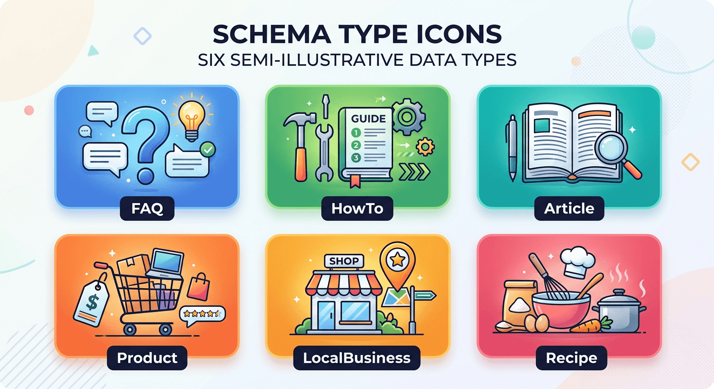 Six schema type icons including FAQ HowTo Article Product LocalBusiness and Recipe